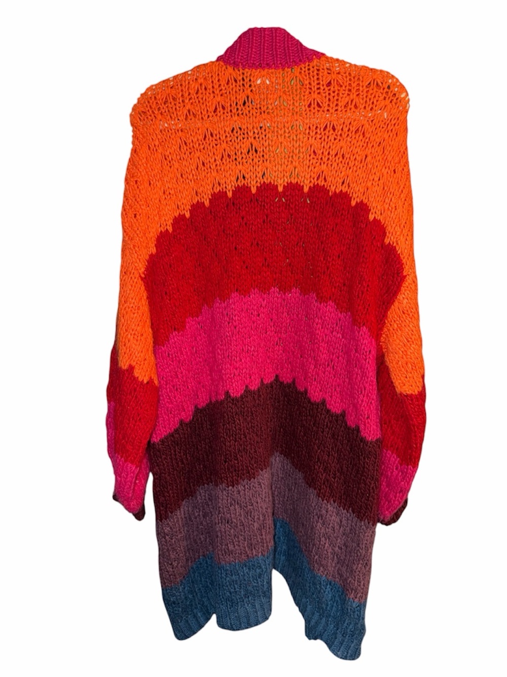 FARM Rio Orange/Red/Pink Rainbow Oversized Crochet Knit Cardigan Sweater, Size L - Picture 3 of 8